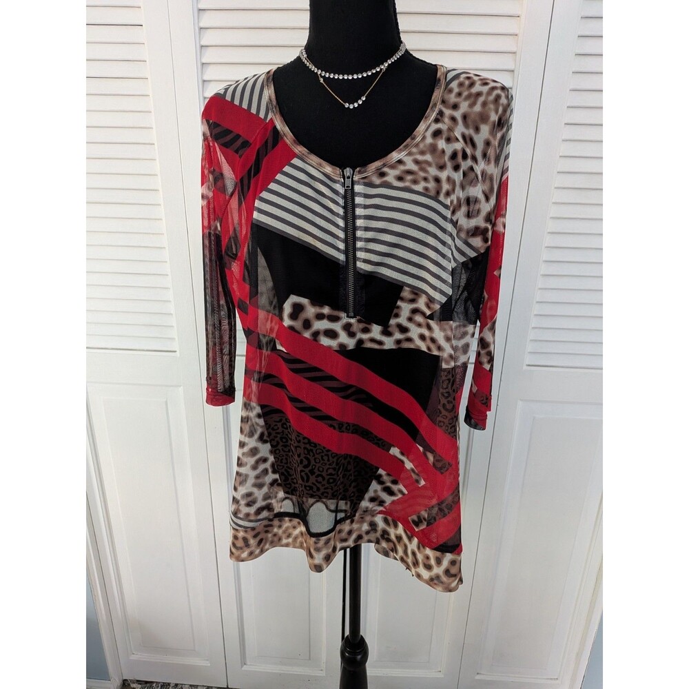 Lynn Ritchie Silver Top Women L Red Multi Animal Print Abstract Artsy Mesh Tunic